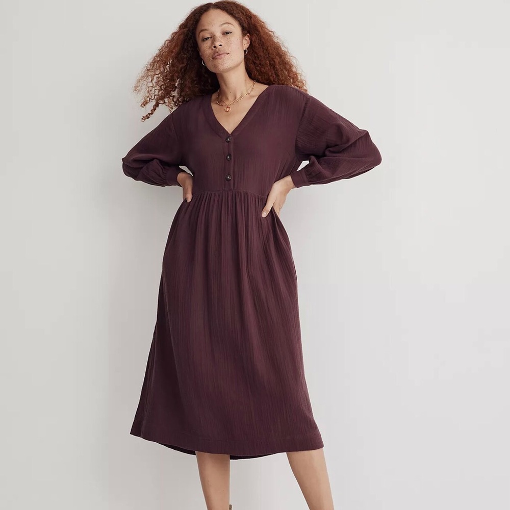 Madewell lightspun button-front midi dress in Dark Fig size 16